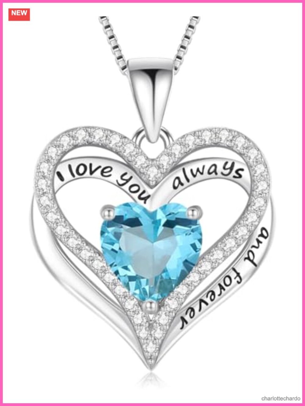 S925 Sterling Silver Heart Pendant Necklace I Love You Engraved CZ Gift